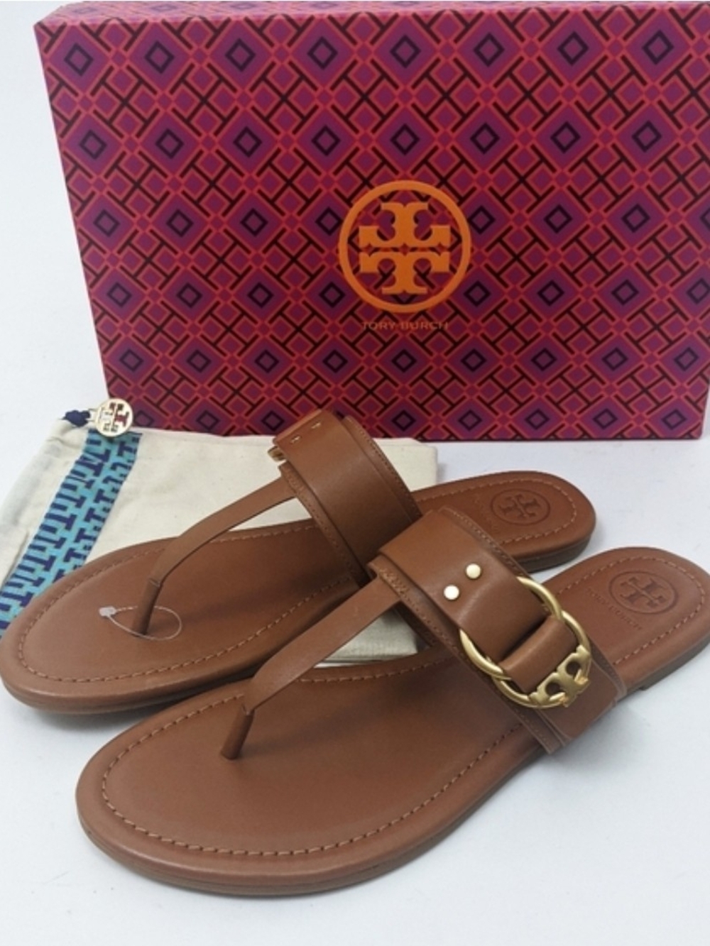 Tory Burch Tan Leather Thong Sandals with Gold-Tone Logo Buckle